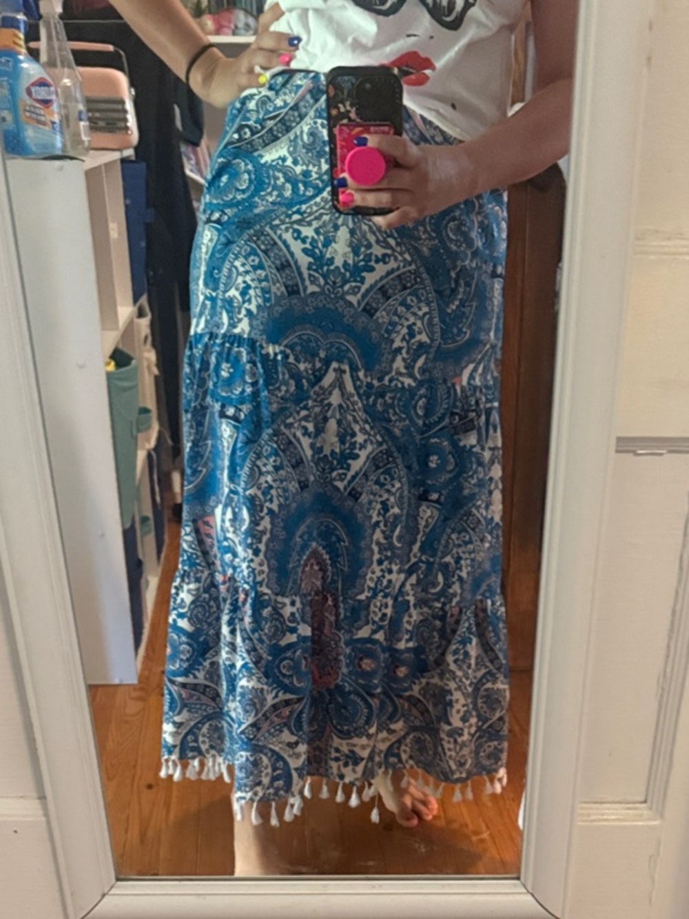 Blue Paisley Maxi Skirt with Tassel Hem